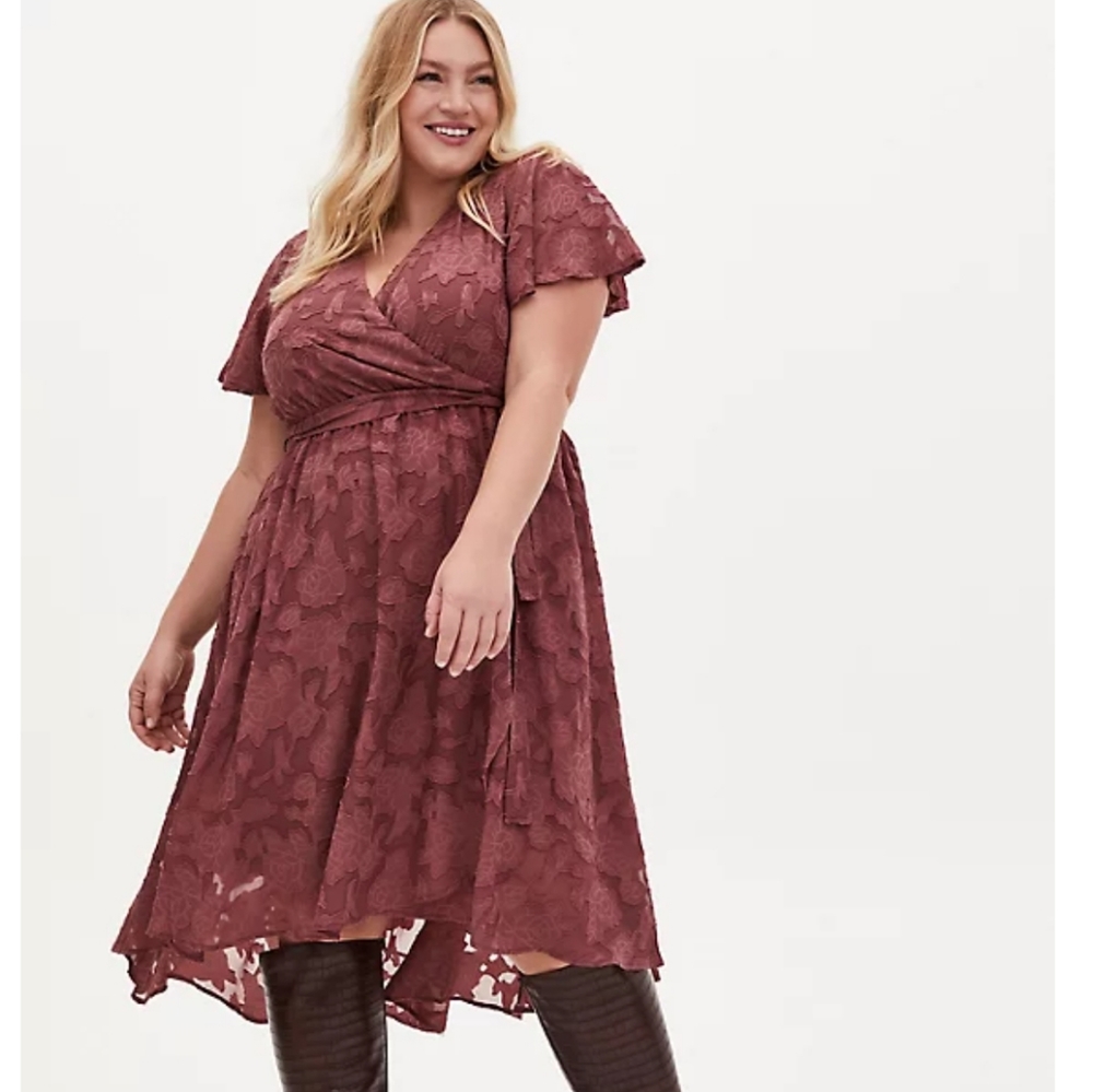 Torrid Pink Floral Burnout Jacquard Wrap Dress